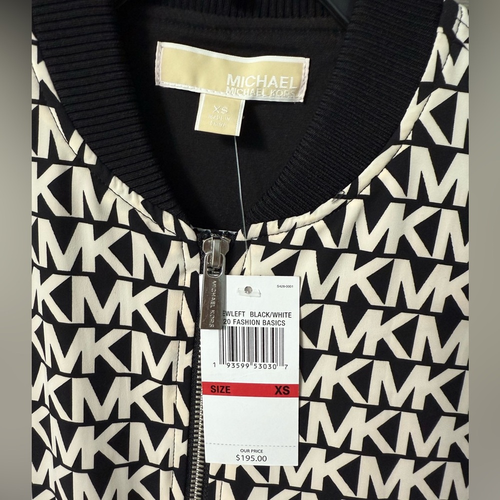 NWT MK Michael Kors Black White Monogram Logo Bomber Jacket Sz XS - Picture 6 of 6